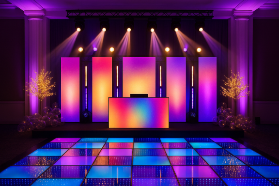 Scène de mariage avec piste de danse LED lumineuse et écrans géants – éclairage professionnel Luxia Event