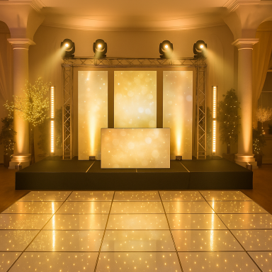 Scène de mariage avec piste de danse LED lumineuse et écrans géants – éclairage professionnel Luxia Event