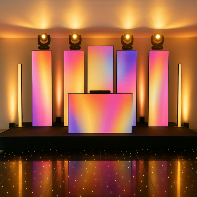 Scène de mariage avec piste de danse LED lumineuse et écrans géants – éclairage professionnel Luxia Event