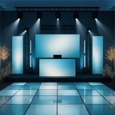 Scène de mariage avec piste de danse LED lumineuse et écrans géants – éclairage professionnel Luxia Event